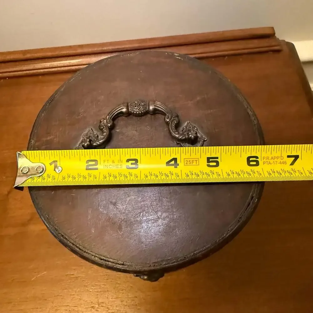 Round Wooden Storage Box with Metal Accents